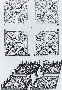 Plan and bird-s-eye view of the parterre de broderie at Heidelberg Salomon de Caus